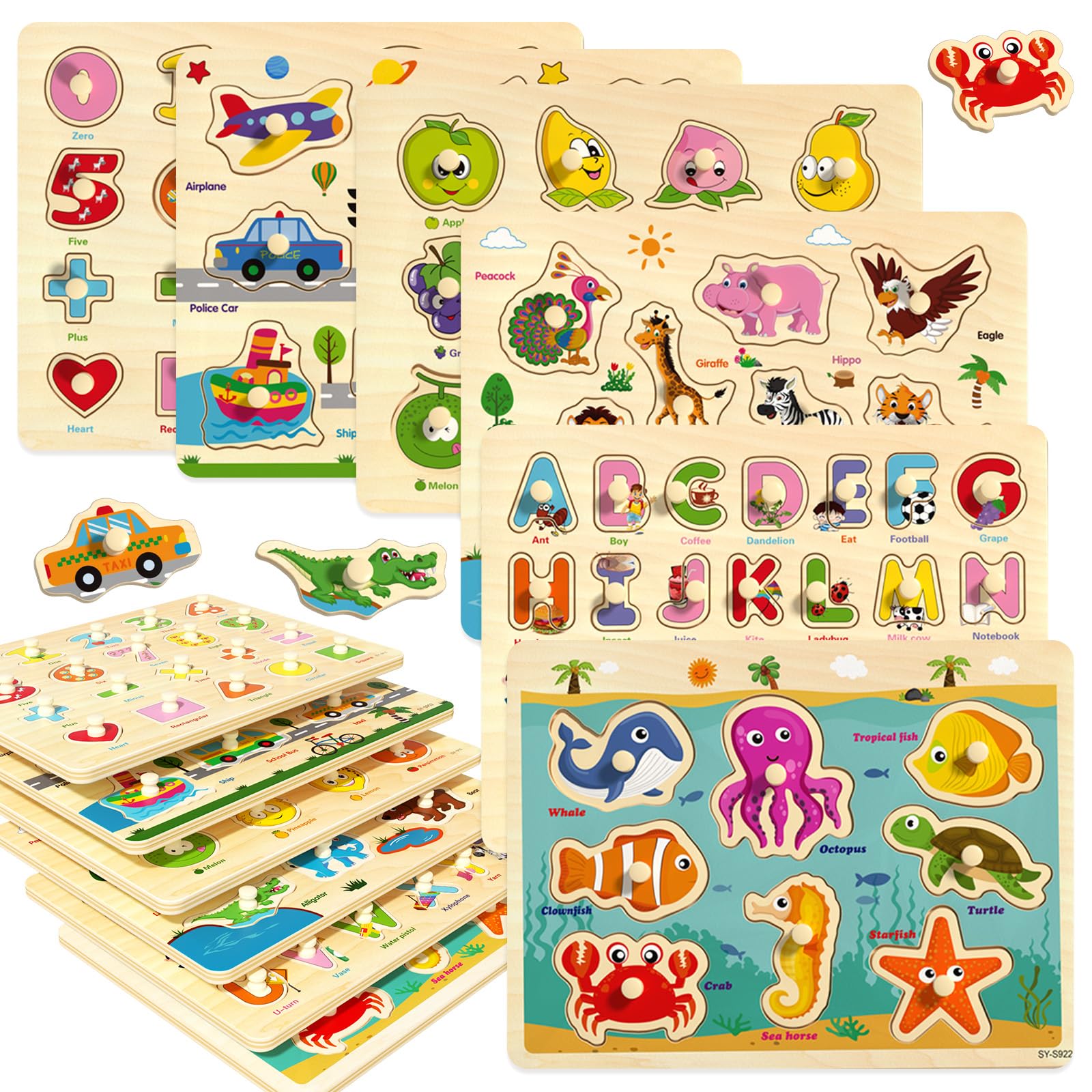 トイズフロッグ Toddler Puzzle Chivao 10 Pack Wooden Peg Puzzles For